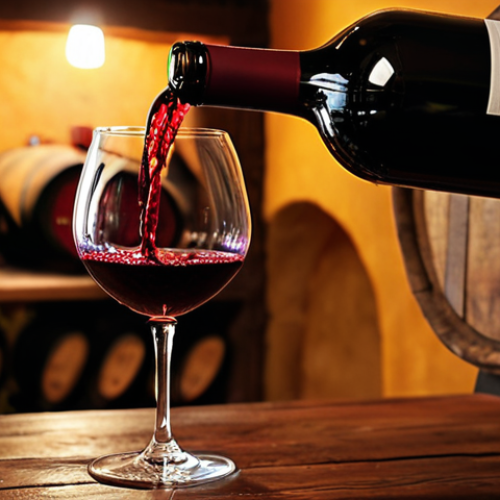Home 4 **
"A close-up shot of a sommelier's hands expertly pouring a glass of vibrant red Rioja wine, showcasing the rich color and texture. In the background, a blurred image of a traditional Spanish bodega with wooden barrels and dim lighting. Focus on creating a warm, inviting, and authentic Spanish atmosphere. Include details like a classic Riedel wine glass and a rustic wooden table."
**