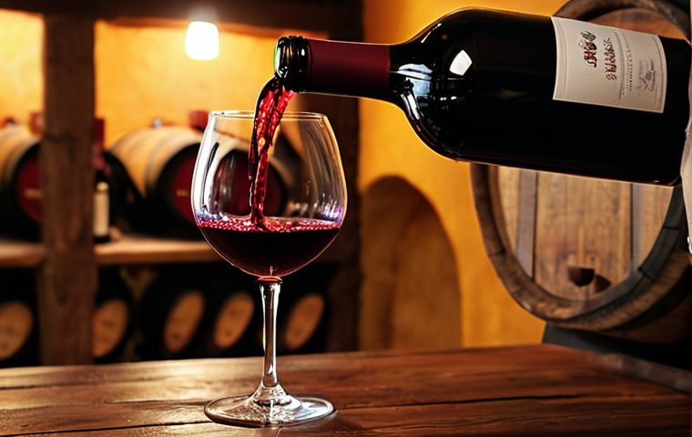 **
"A close-up shot of a sommelier's hands expertly pouring a glass of vibrant red Rioja wine, showcasing the rich color and texture. In the background, a blurred image of a traditional Spanish bodega with wooden barrels and dim lighting. Focus on creating a warm, inviting, and authentic Spanish atmosphere. Include details like a classic Riedel wine glass and a rustic wooden table."
**