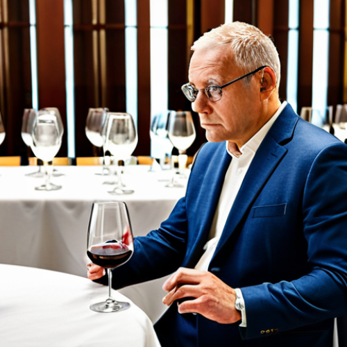 Home 21 A professional male wine taster, middle-aged, with a calm and intensely focused expression, in a modern, well-lit wine tasting room. He is wearing a modest business suit, fully clothed, appropriate attire, and gently swirling a glass of red wine. Rows of clean wine glasses and white tablecloths are visible in the background, suggesting a competition setting. The scene captures deep concentration and mental stillness. Perfect anatomy, correct proportions, natural pose, well-formed hands, proper finger count, natural body proportions. Safe for work, appropriate content, professional, high quality professional photography.
