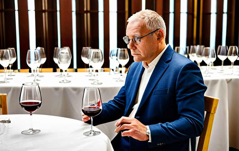 A professional male wine taster, middle-aged, with a calm and intensely focused expression, in a modern, well-lit wine tasting room. He is wearing a modest business suit, fully clothed, appropriate attire, and gently swirling a glass of red wine. Rows of clean wine glasses and white tablecloths are visible in the background, suggesting a competition setting. The scene captures deep concentration and mental stillness. Perfect anatomy, correct proportions, natural pose, well-formed hands, proper finger count, natural body proportions. Safe for work, appropriate content, professional, high quality professional photography.
