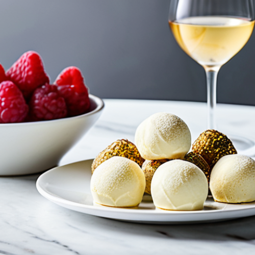 Home 20 Wine and White Chocolate Pairing**
"A beautifully arranged display of Spanish Cava and artisanal white chocolate truffles, elegantly plated with fresh raspberries, safe for work, appropriate content, fully clothed, professional food photography, perfect anatomy, natural proportions, bright lighting, modern aesthetic, family-friendly."
**