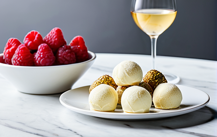 Wine and White Chocolate Pairing**
"A beautifully arranged display of Spanish Cava and artisanal white chocolate truffles, elegantly plated with fresh raspberries, safe for work, appropriate content, fully clothed, professional food photography, perfect anatomy, natural proportions, bright lighting, modern aesthetic, family-friendly."
**