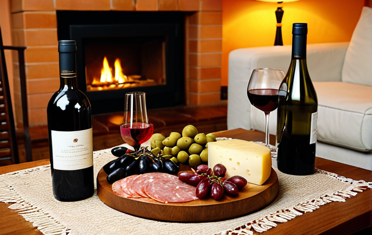 Elegant Wine Tasting Setup**
"A beautifully arranged wine tasting setup in a cozy Spanish-style living room. Focus on a polished wooden table with several wine glasses, a bottle of Rioja, and a selection of tapas (olives, Manchego cheese, jamón ibérico). Soft, warm lighting with candles. safe for work, appropriate content, fully clothed setting, professional, perfect anatomy, natural proportions, high quality, Spanish atmosphere."
**