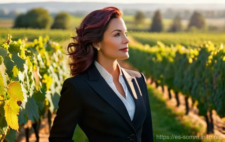 소믈리에 취업 포트폴리오 작성법 - **A Sommelier's Passionate Observation in a Vineyard**
"A sophisticated female sommelier, in her...