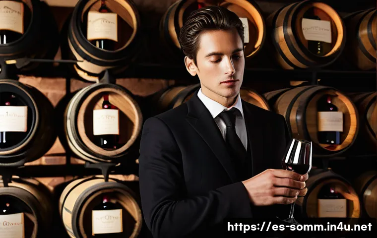소믈리에 취업 성공 사례 - **Prompt:** A discerning sommelier, either male or female, dressed in a professional, tailored dark ...