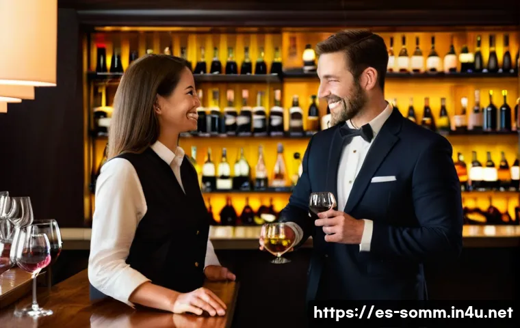 소믈리에가 다룬 어려운 고객 사례 - **Prompt:** A highly empathetic female sommelier in her late 30s, wearing a crisp, dark sommelier un...