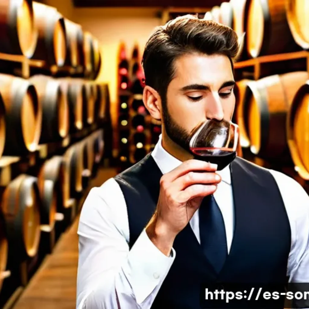 소믈리에 경력 개발 계획 - A sophisticated sommelier in a modern Spanish wine cellar, wearing a stylish dark suit and a crisp w...