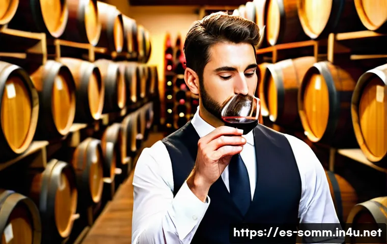 소믈리에 경력 개발 계획 - A sophisticated sommelier in a modern Spanish wine cellar, wearing a stylish dark suit and a crisp w...