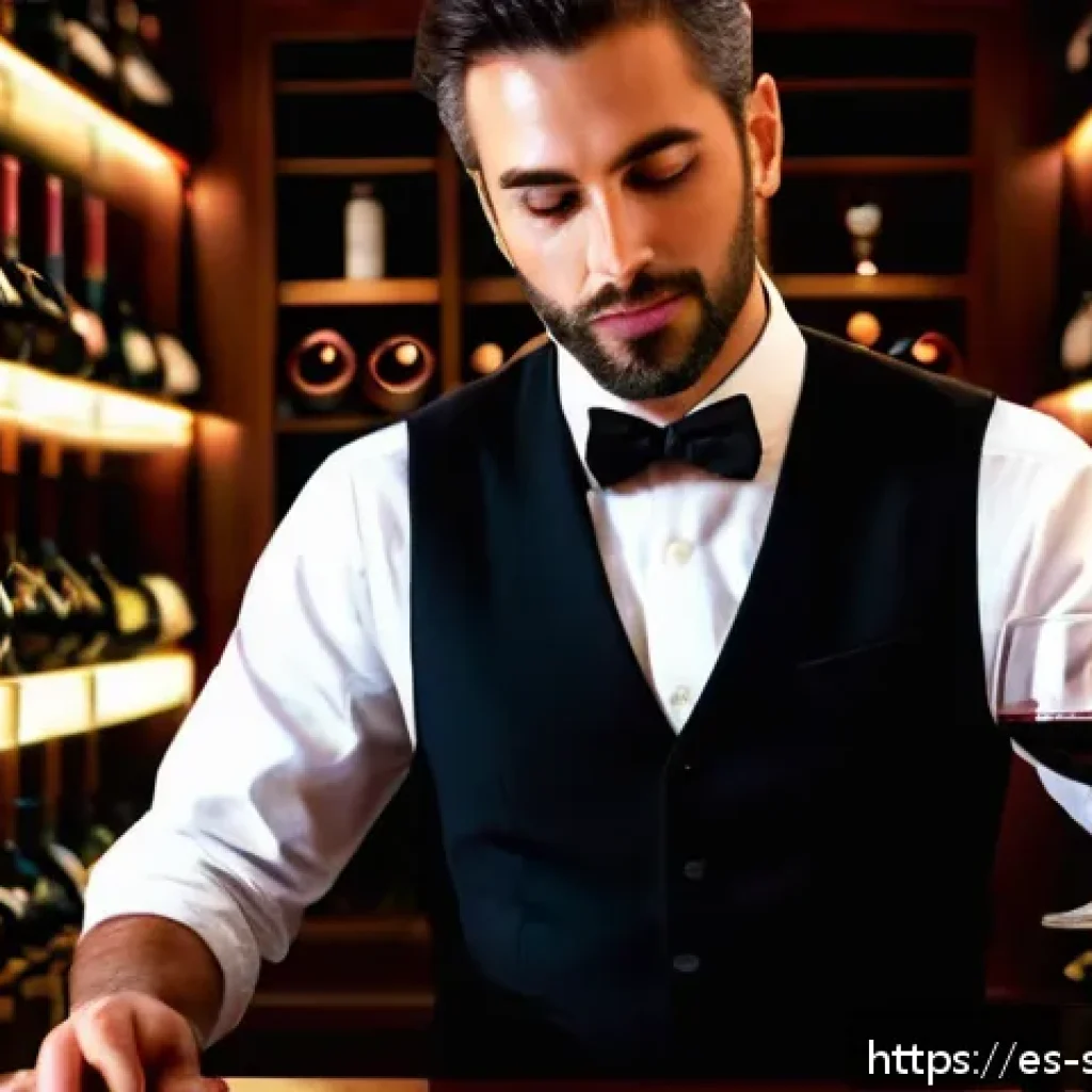 소믈리에와 와인 소매업 차이 - A professional sommelier in an elegant Spanish restaurant setting, carefully examining a glass of re...