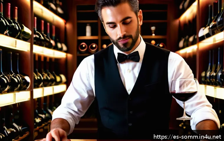 소믈리에와 와인 소매업 차이 - A professional sommelier in an elegant Spanish restaurant setting, carefully examining a glass of re...