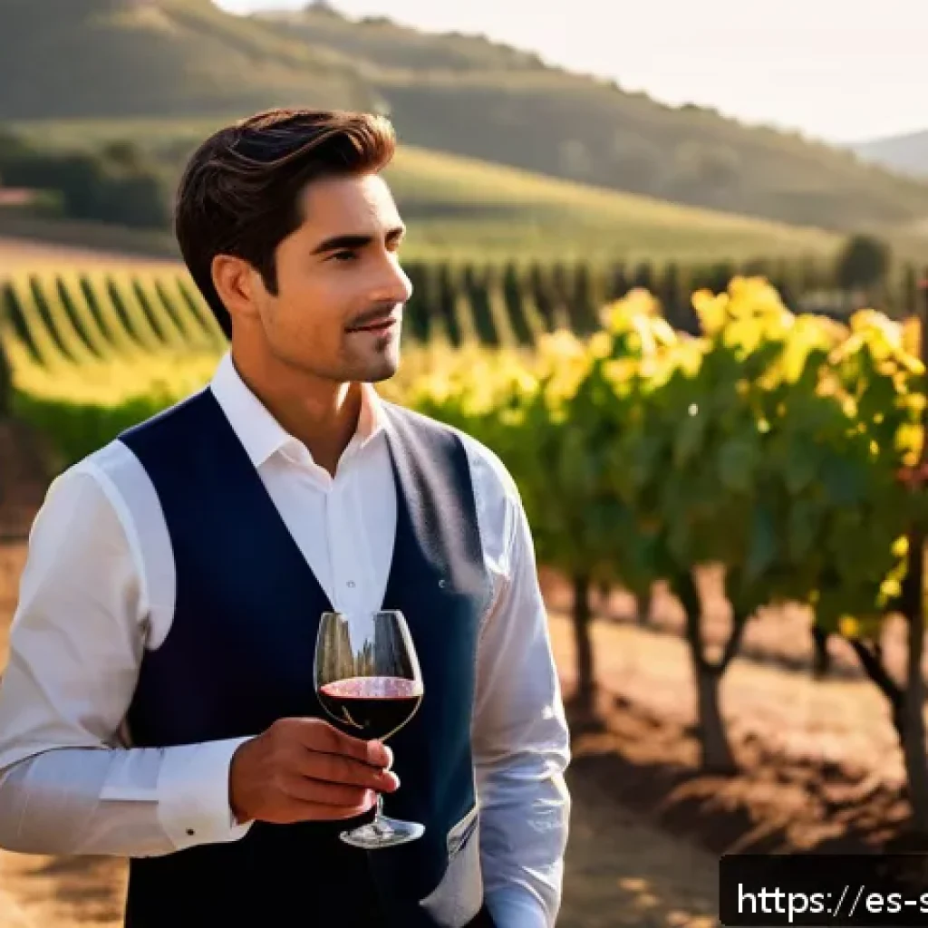 와인 산업에서의 소믈리에 역할 - A sophisticated Spanish sommelier in a traditional vineyard setting during golden hour, holding a gl...