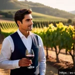 와인 산업에서의 소믈리에 역할 - A sophisticated Spanish sommelier in a traditional vineyard setting during golden hour, holding a gl...