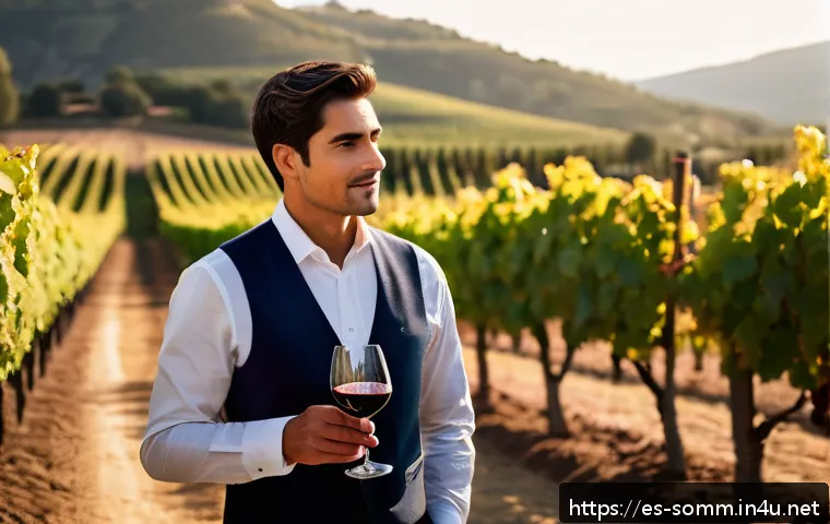 와인 산업에서의 소믈리에 역할 - A sophisticated Spanish sommelier in a traditional vineyard setting during golden hour, holding a gl...