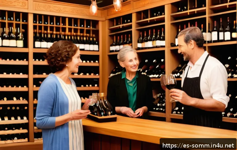 와인 매장 아르바이트 경험기 - A warmly lit wine shop interior showcasing neatly organized wooden shelves filled with various wine ...