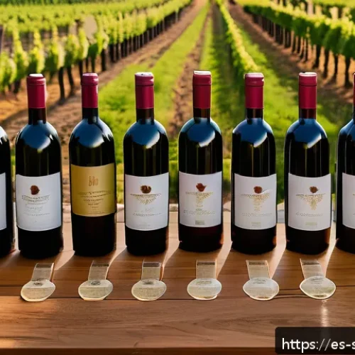 와인 구매 시 주의할 점 - A sophisticated wine tasting scene set in a rustic Spanish vineyard during golden hour, featuring a ...