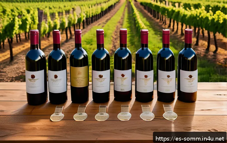 와인 구매 시 주의할 점 - A sophisticated wine tasting scene set in a rustic Spanish vineyard during golden hour, featuring a ...