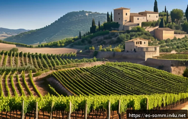 소믈리에가 다루는 와인 종류 - A detailed vineyard landscape illustrating diverse terroirs in a Spanish wine region, showing distin...