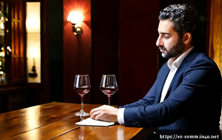 Home 17 소믈리에가 선택한 연말 와인 추천 - Photorealistic Spanish sommelier in a refined Madrid wine bar, thoughtfully selecting two unlabelled...