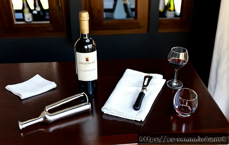 소믈리에 필수 실무 도구 - Photorealistic overhead still life of essential sommelier tools neatly arranged on a dark walnut tas...